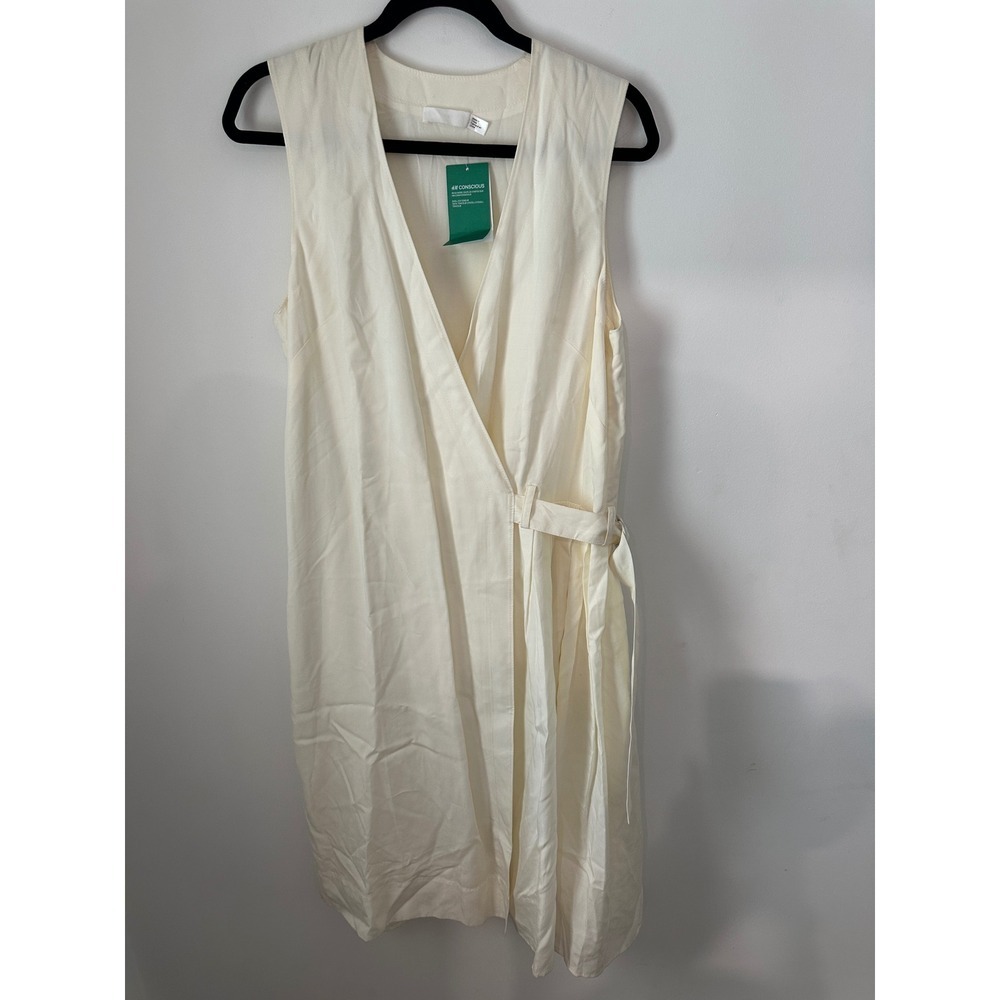 HM Conscious Cream Tencel Lyocell Sleeveless Wrap Midi Dress Off White US 10 NEW